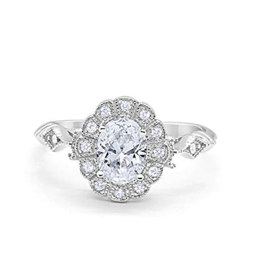 Oval Art Deco Enagement Bridal Ring Simulated Cubic Zirconia 925 Sterling Silver
